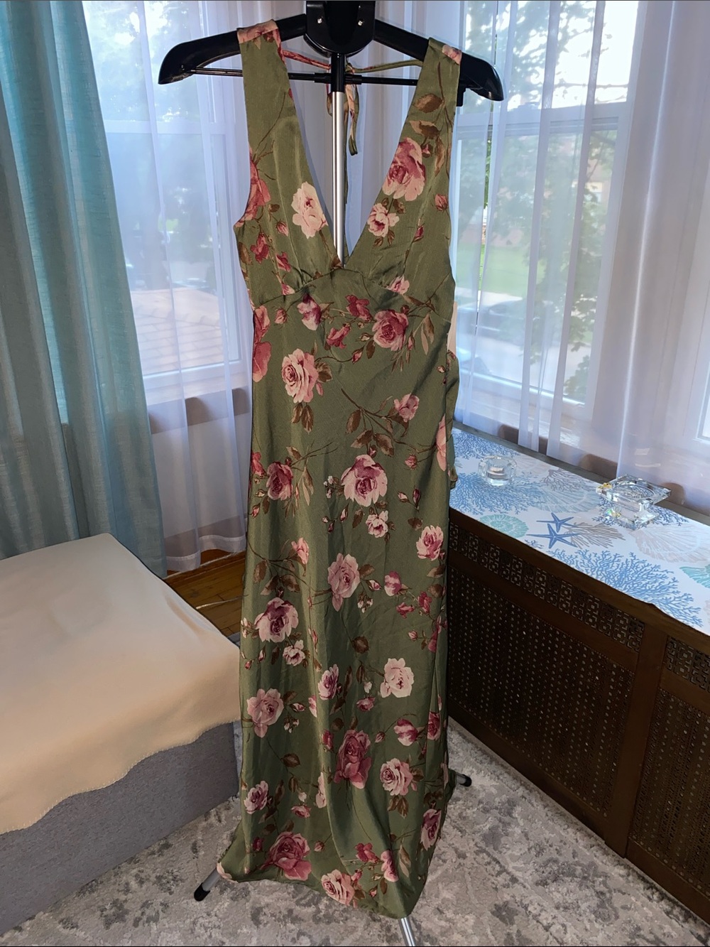 Olive Green Floral Maxi Dress with Pink Rose Detail